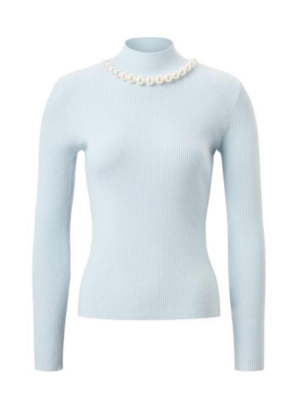 1654 • Blue Viscose Blend Ribbed Long Sleeve Mock Neck w/Pearl Strand Detail - Picture 2 of 10